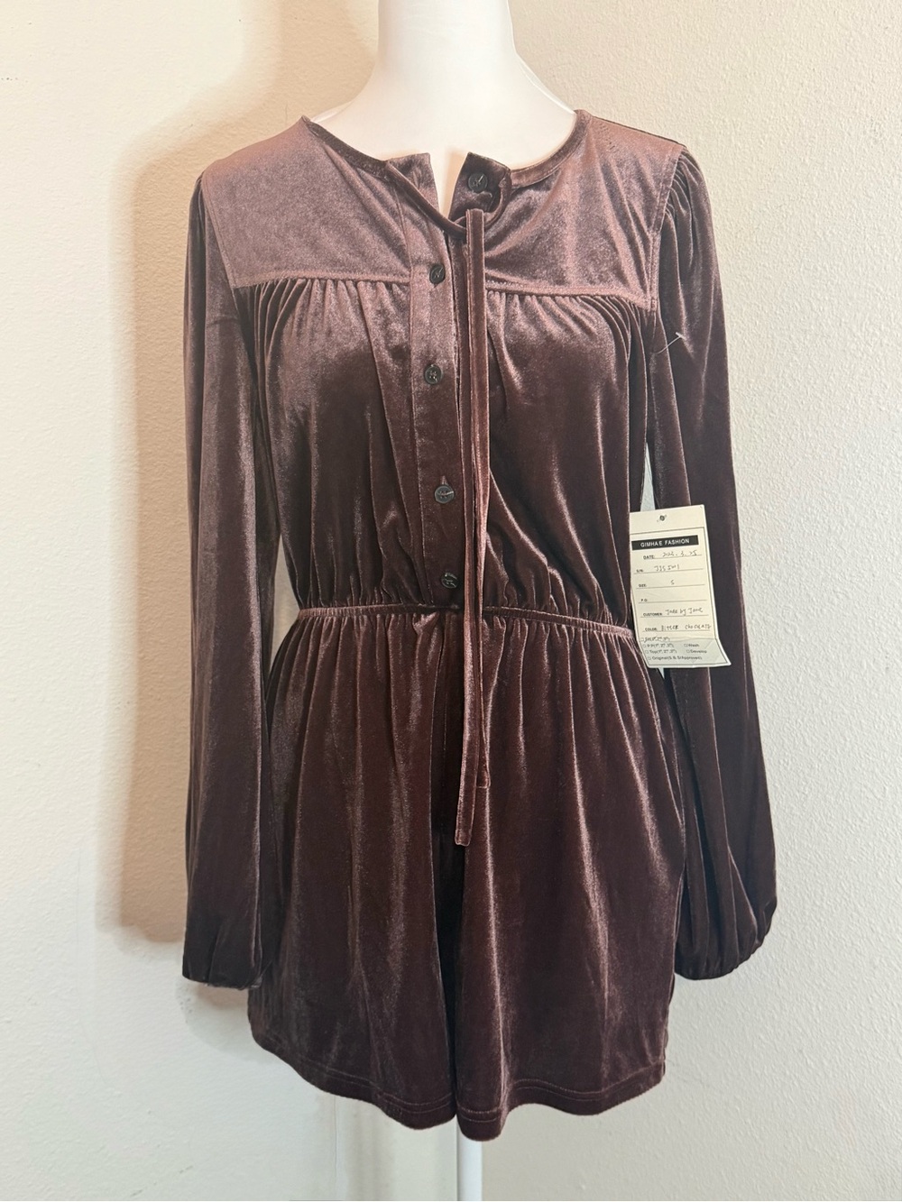 Jade by Jane Velvet Long Sleeve Romper Brown S RARE Factory Sample NWT - Picture 2 of 8